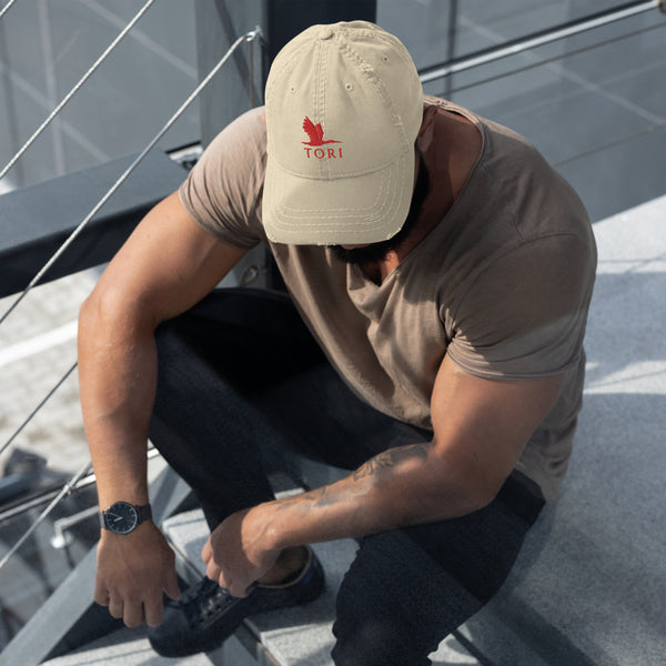 Distressed Dad Hat - Tori Red Heron logo