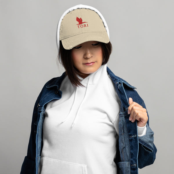 Distressed Dad Hat - Tori Red Heron logo