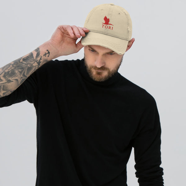 Distressed Dad Hat - Tori Red Heron logo