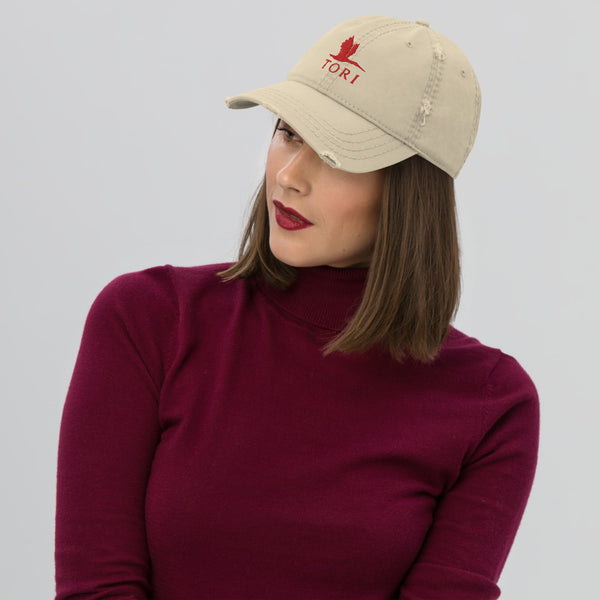Distressed Dad Hat - Tori Red Heron logo