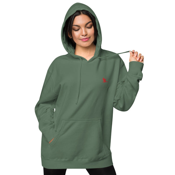 Unisex pigment dyed hoodie - Tori Brands - Red heron logo