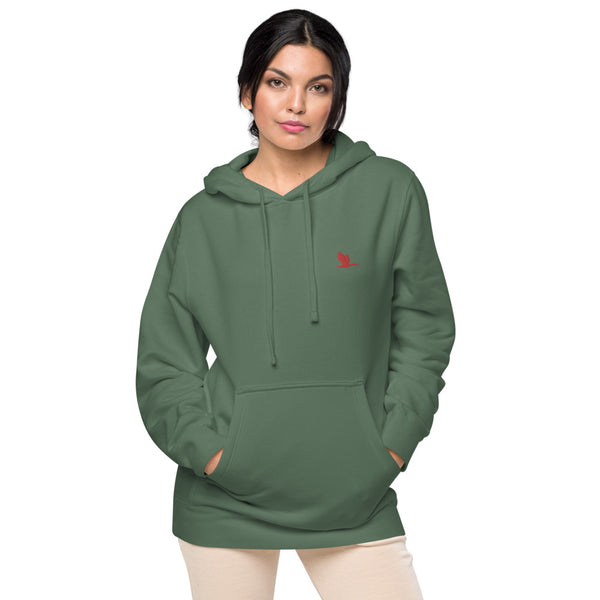 Unisex pigment dyed hoodie - Tori Brands - Red heron logo