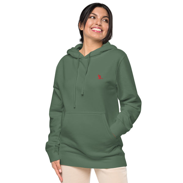 Unisex pigment dyed hoodie - Tori Brands - Red heron logo