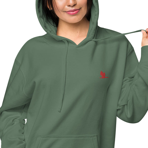 Unisex pigment dyed hoodie - Tori Brands - Red heron logo