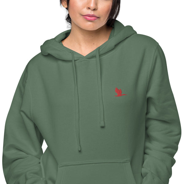 Unisex pigment dyed hoodie - Tori Brands - Red heron logo