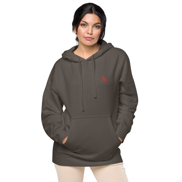 Unisex pigment dyed hoodie - Tori Brands - Red heron logo