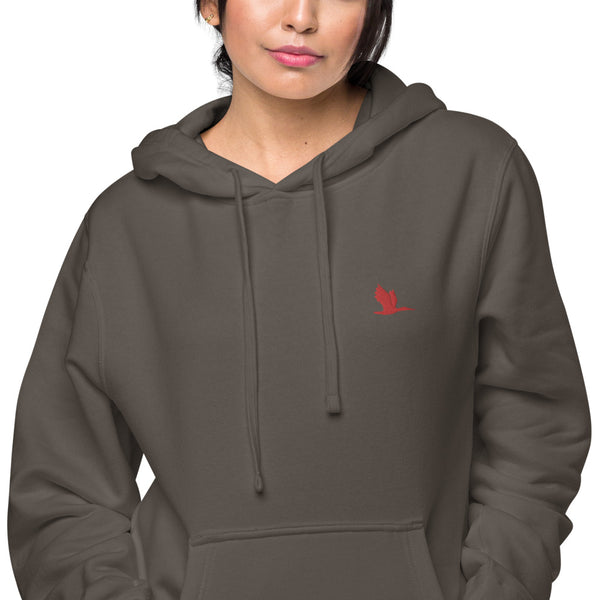 Unisex pigment dyed hoodie - Tori Brands - Red heron logo