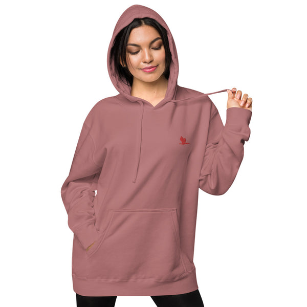 Unisex pigment dyed hoodie - Tori Brands - Red heron logo