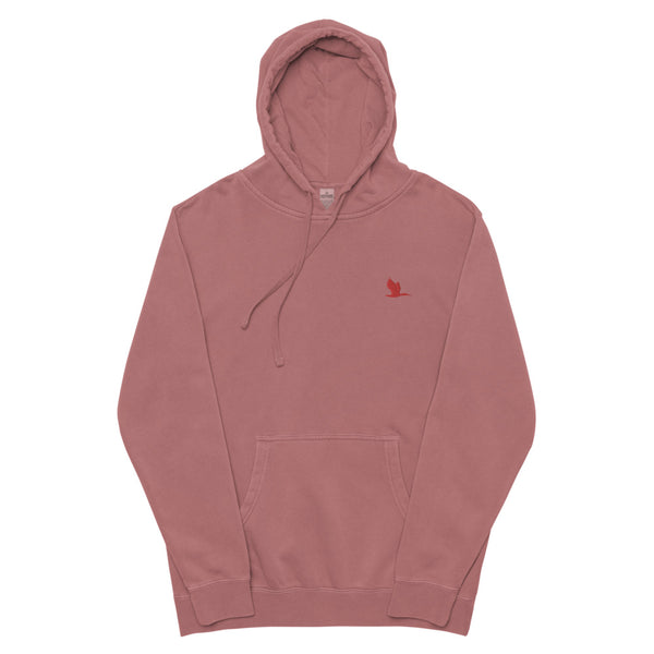 Unisex pigment dyed hoodie - Tori Brands - Red heron logo