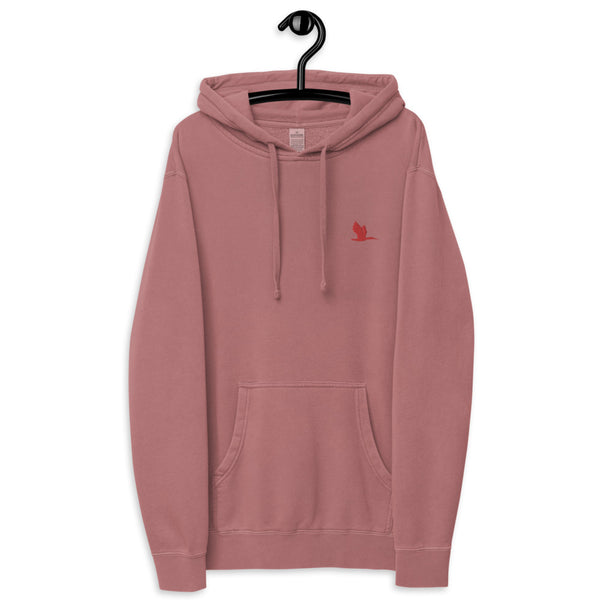 Unisex pigment dyed hoodie - Tori Brands - Red heron logo