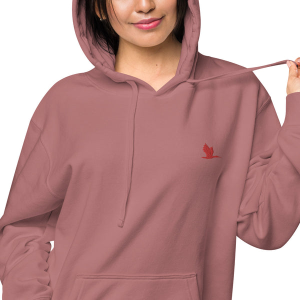 Unisex pigment dyed hoodie - Tori Brands - Red heron logo