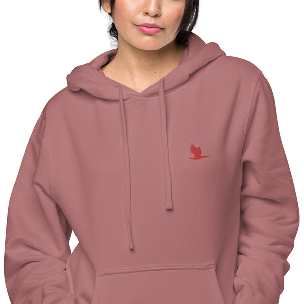 Unisex pigment dyed hoodie - Tori Brands - Red heron logo