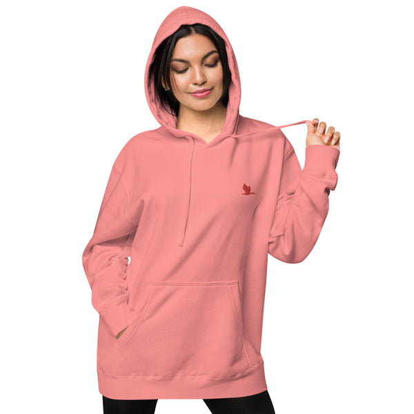 Unisex pigment dyed hoodie - Tori Brands - Red heron logo