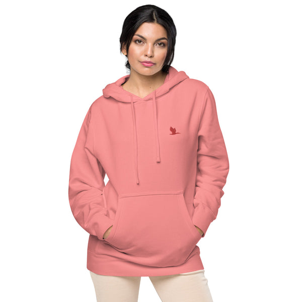 Unisex pigment dyed hoodie - Tori Brands - Red heron logo