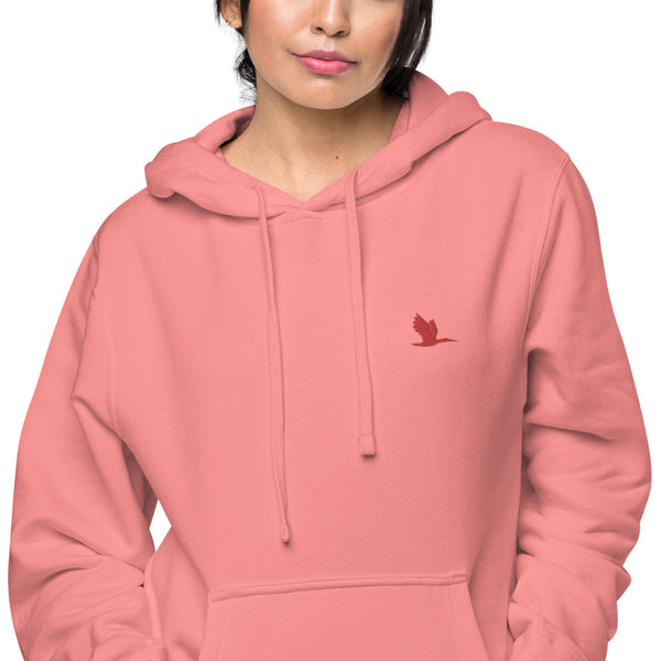 Unisex pigment dyed hoodie - Tori Brands - Red heron logo