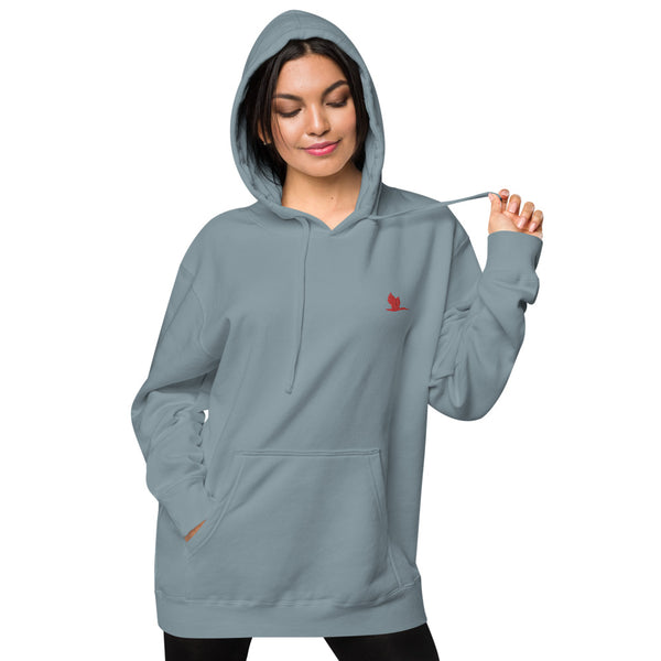 Unisex pigment dyed hoodie - Tori Brands - Red heron logo