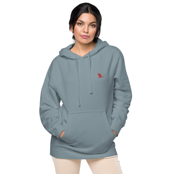 Unisex pigment dyed hoodie - Tori Brands - Red heron logo