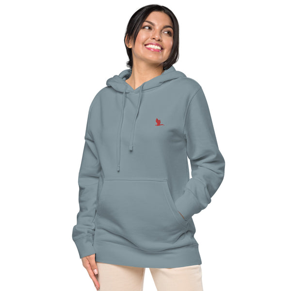 Unisex pigment dyed hoodie - Tori Brands - Red heron logo