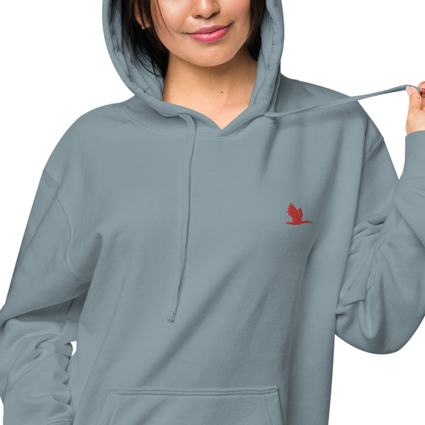 Unisex pigment dyed hoodie - Tori Brands - Red heron logo