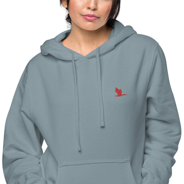 Unisex pigment dyed hoodie - Tori Brands - Red heron logo